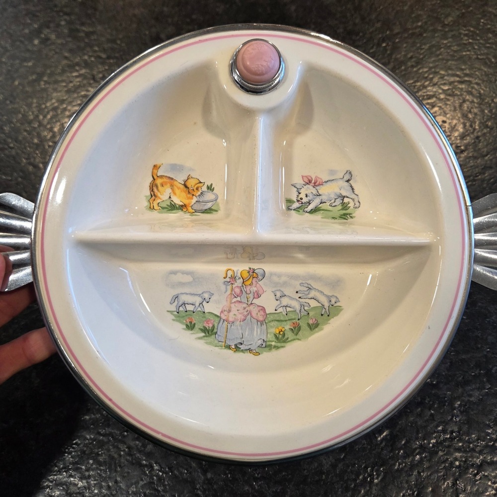 Vintage Baby Divided warming Dish Plate Pink Trim Nursery Rhyme lil bow peep